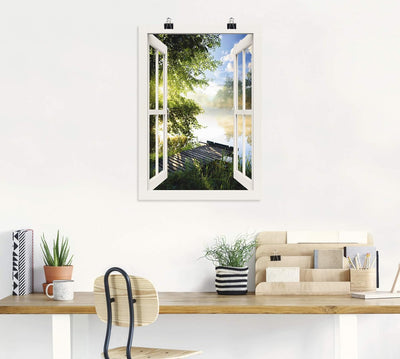 ARTland Poster Bild ohne Rahmen Wandposter 70x100 cm Fensterblick Fenster Landschaft Wald Natur See