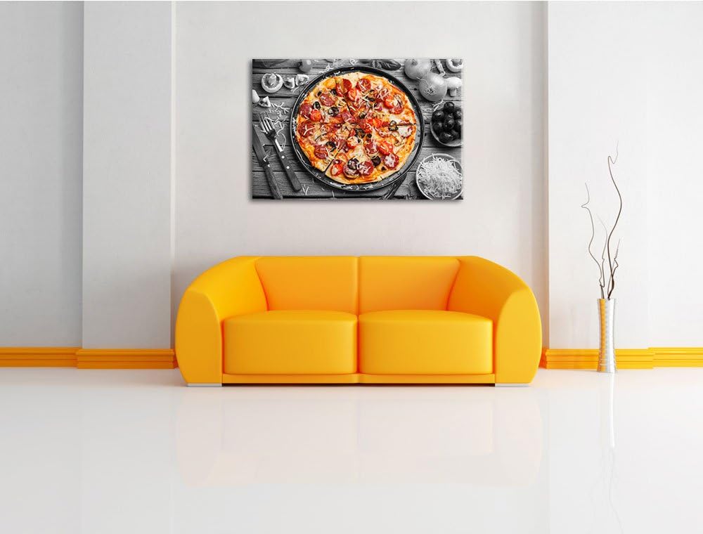 köstliche Pizza auf Pizzablech schwarz/weiss Format: 100x70 auf Leinwand, XXL riesige Bilder fertig