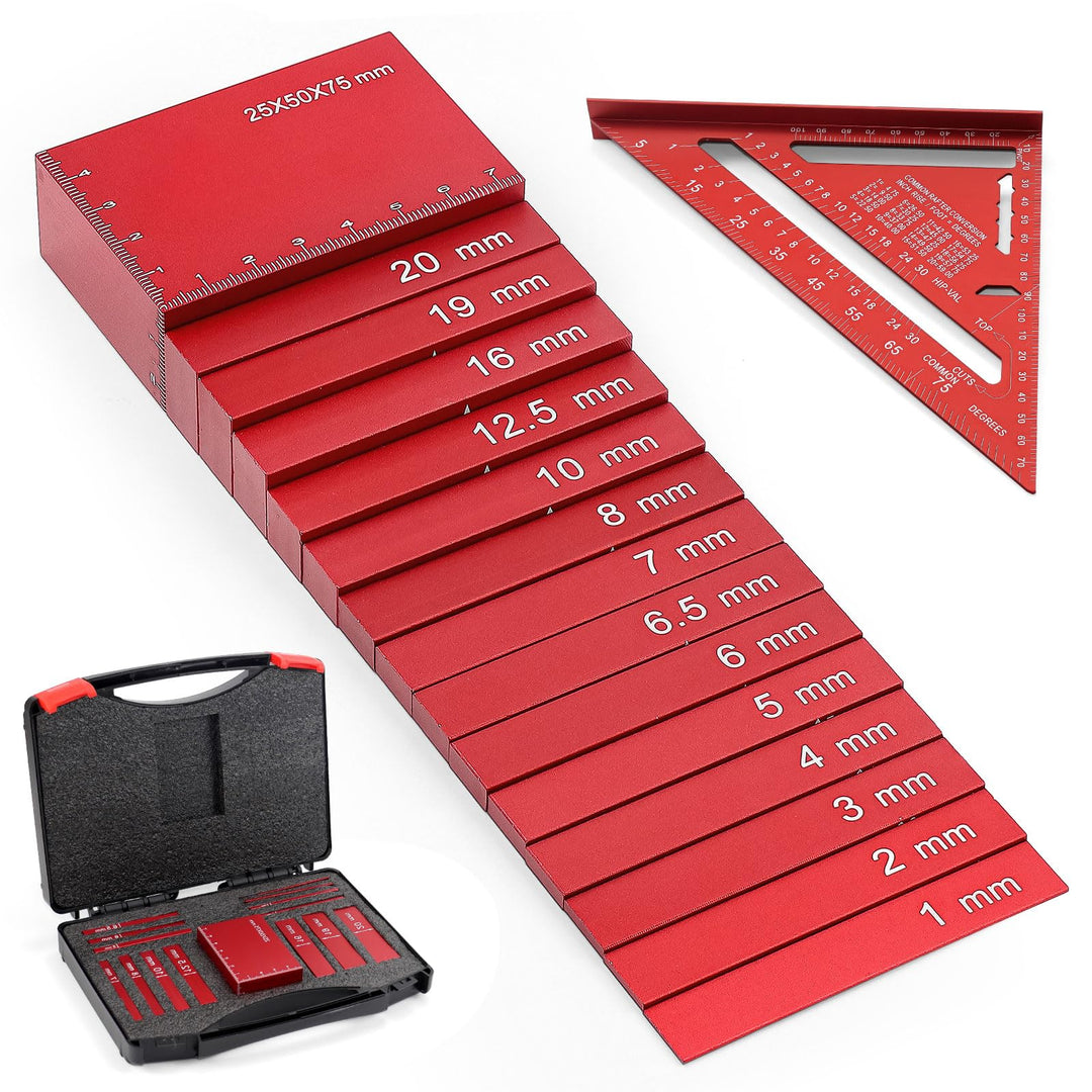 15-tlg. Setup Blocks Woodworking Set Metrisch, Aluminium Einstellblöcke mit Dreieckslineal und Koffe
