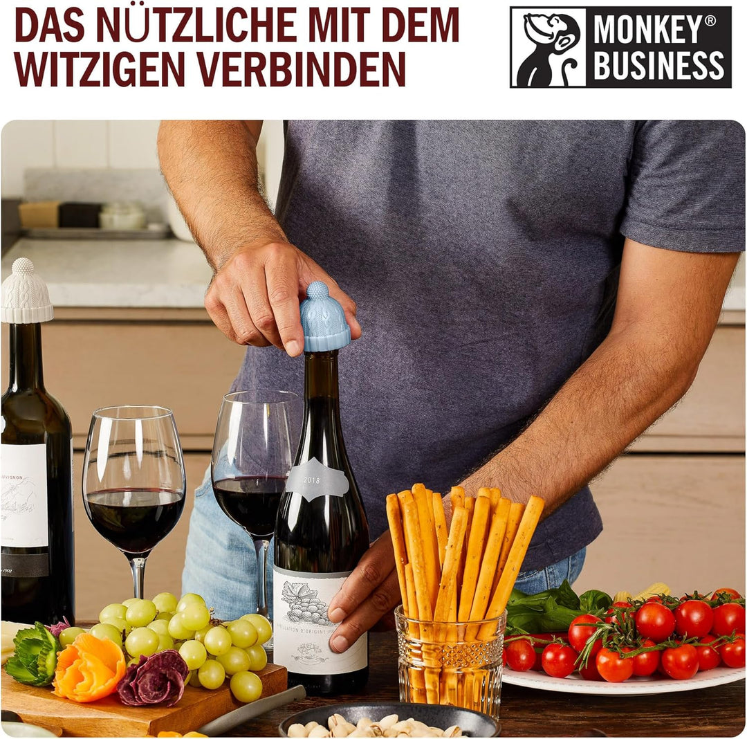 Monkey Business Set aus 2 Weinstopfen für Weinflaschen, Skurriles Weinzubehör, Strickmützen-förmige