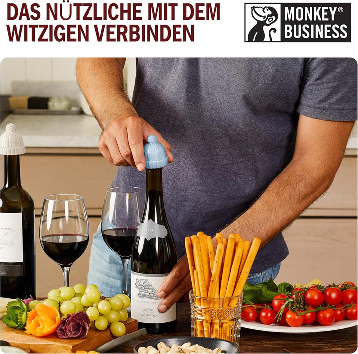 Monkey Business Set aus 2 Weinstopfen für Weinflaschen, Skurriles Weinzubehör, Strickmützen-förmige