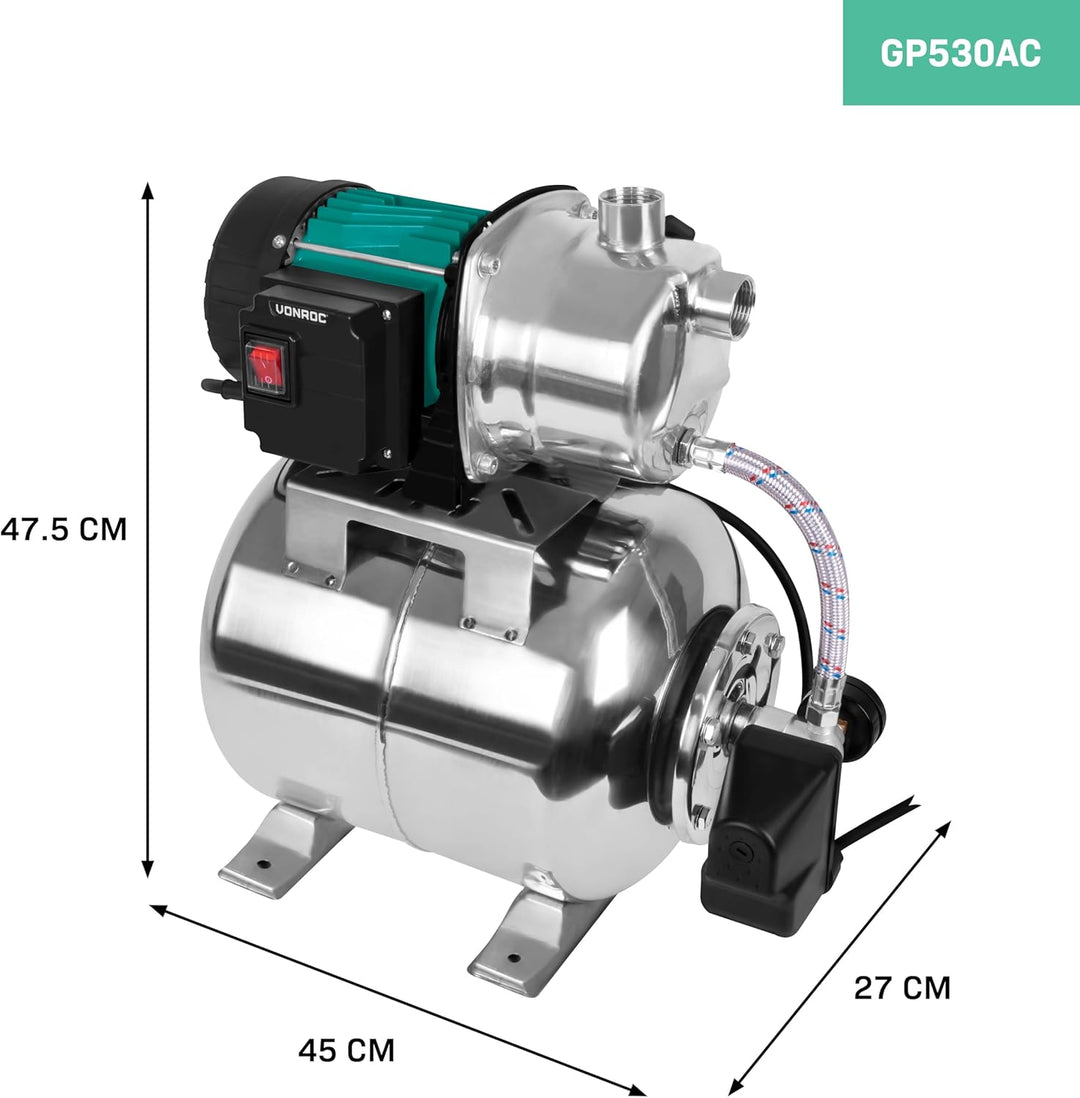 VONROC Hauswasserwerk 1000W – Automatische Wasserpumpe mit Druckschalter &amp; 19L Tank – 3500 l/h, 4,4
