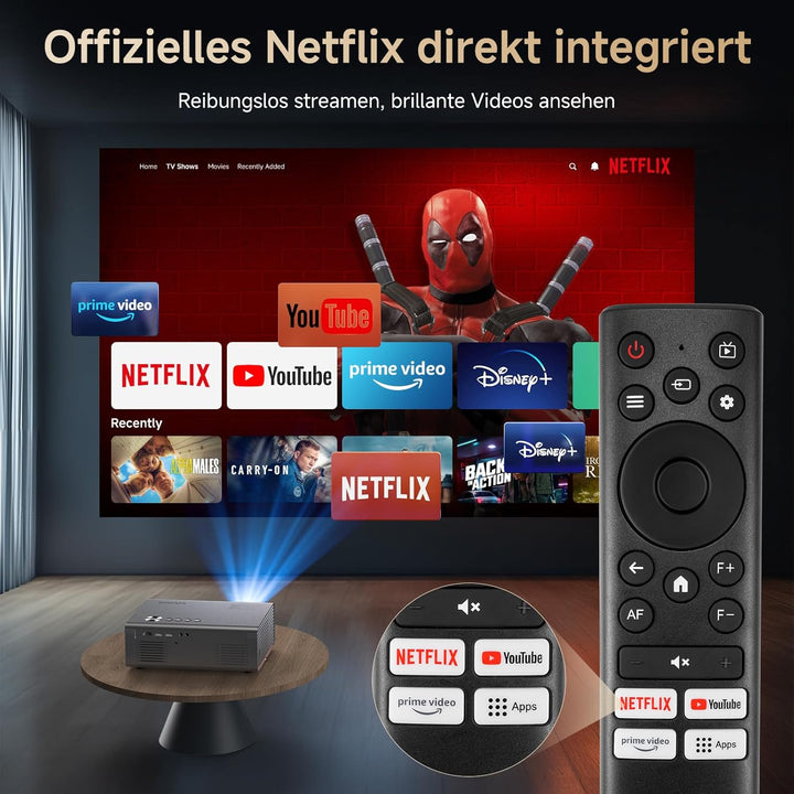 4K Smart Beamer mit integrierter Netflix-App, Kinoähnlichem Sound & HDR | KOGATA Auto-Fokus, 6D Keys