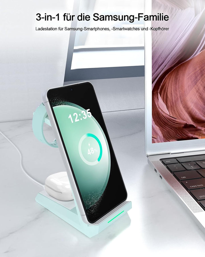 Induktive Ladestation für Samsung，ADADPU Kabelloses Ladegerät 3 in 1 Kompatibel für Galaxy Watch 8/7