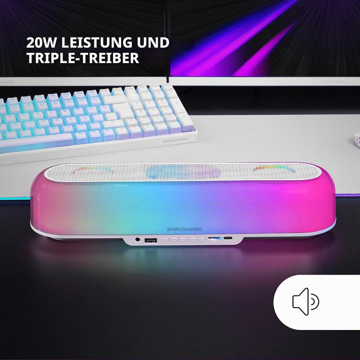 MARSGAMING MSB-ORB, Tragbarer Lautsprecher + Soundbar 20W, Orbilight RGB 360° Beleuchtung, Soundbar