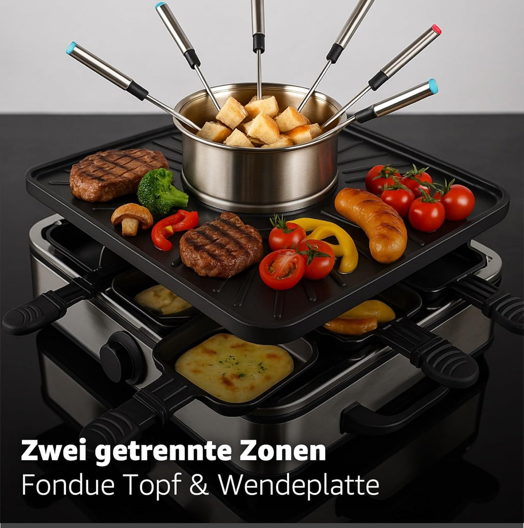 8 Personen Fondue/Raclette Set - Tischgrill inkl. Pfännchen & Schaber - Grillplatte & Steinplatte an