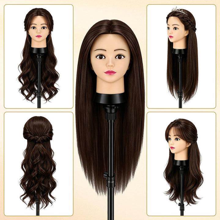 TwoWin 60 cm Trainingsköpfe Friseur, 24 Zoll Frisierkopf mit 80% Echthaar Rotbraun, Rotbraun