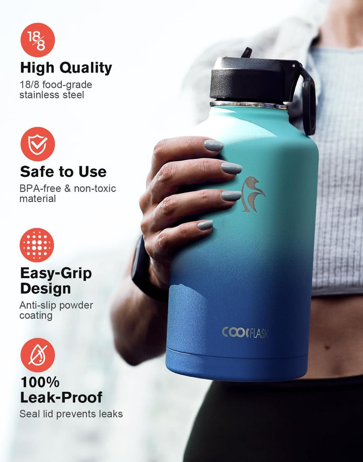 Isolierte Wasserflasche 2L, Coolflask Wasserflasche mit Strohhalm &amp; 3 Deckeln, Edelstahl Isolierte t