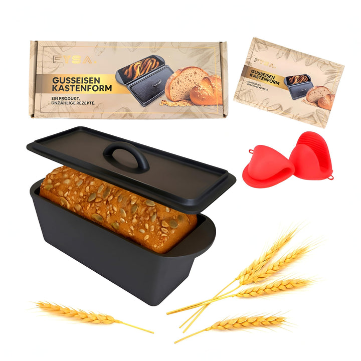 Brotbackform mit Deckel Gusseisen 3L – 28cm – Rechteckiger Bräter für Kastenbrot & Sauerteig, geeign