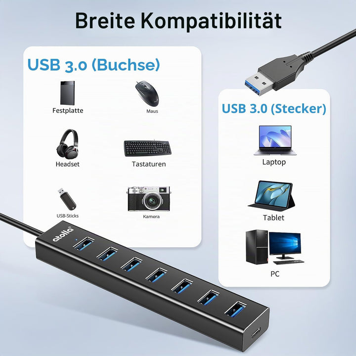 USB Hub 3.0, Aluminium 8-Port USB Verteiler 5Gbps Adapter mit 100cm Lang Kabel, Mehrfach USB3.0-Date