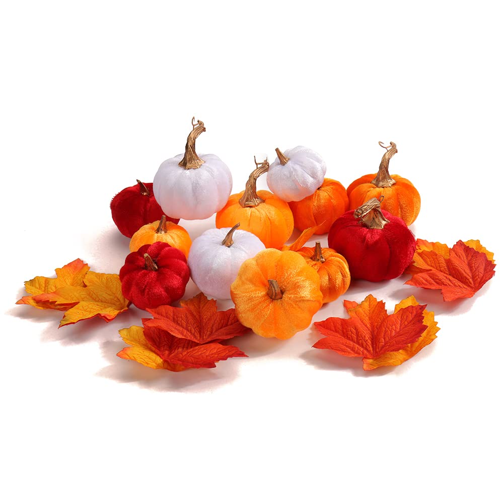 12PCS Herbst Deko, Halloween Kürbis set, Kürbisse , Samt Plastik mini mit 24 Pcs künstliche Ahornblä