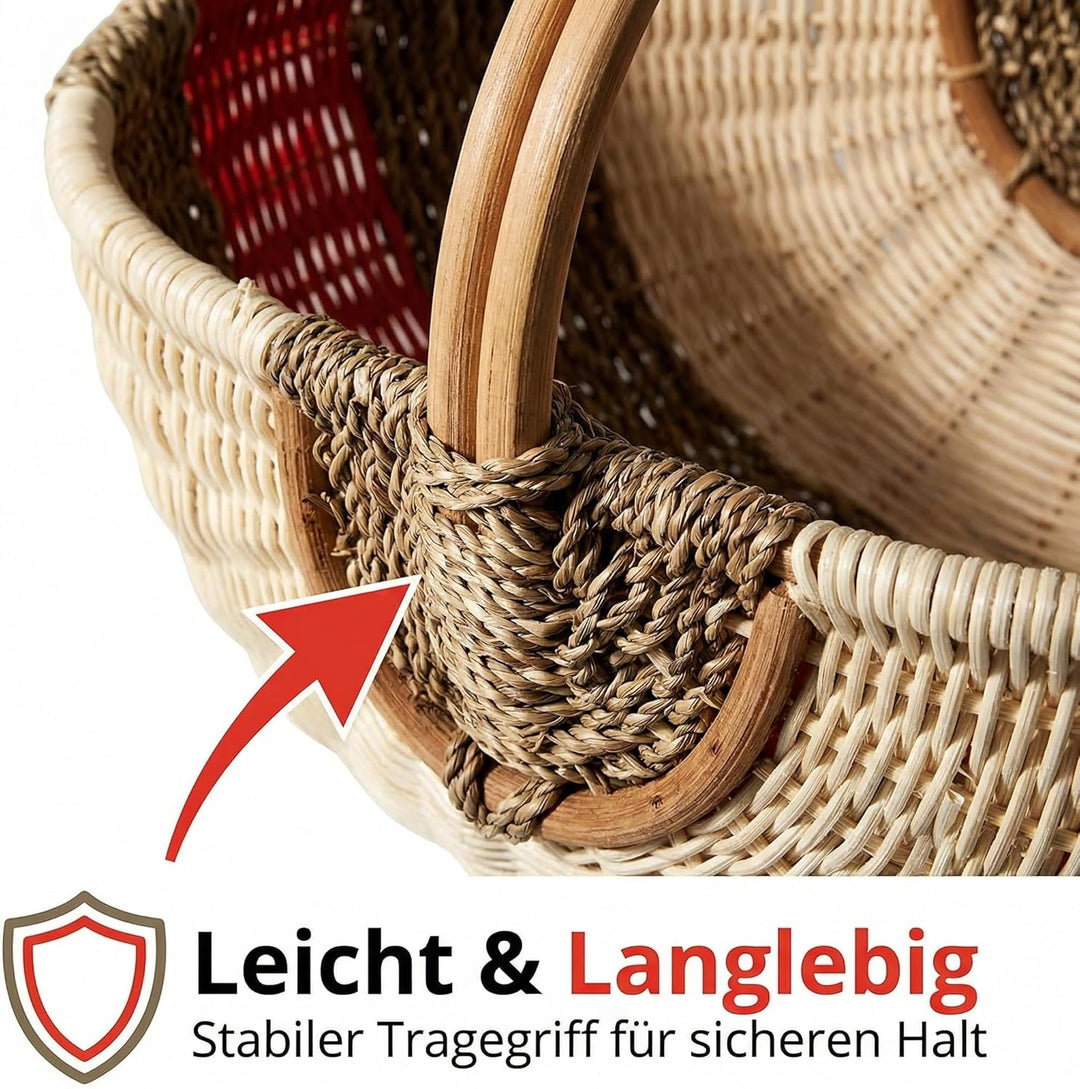 Grosser Einkaufskorb aus Rattan & Seegras – Handgeflochtener Picknickkorb mit Henkel – 48x33x24 cm –