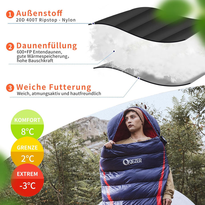 Daunenschlafsack,schlafsack kleines packmass , 600FP+ Premium-Daunen, 12°C bis -24°C, leicht und war