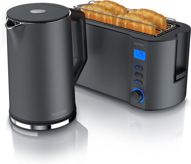 Arendo - Wasserkocher und Toaster SET Edelstahl Cool Grey, Wasserkocher 1,5L 40° - 100°C Warmhaltefu