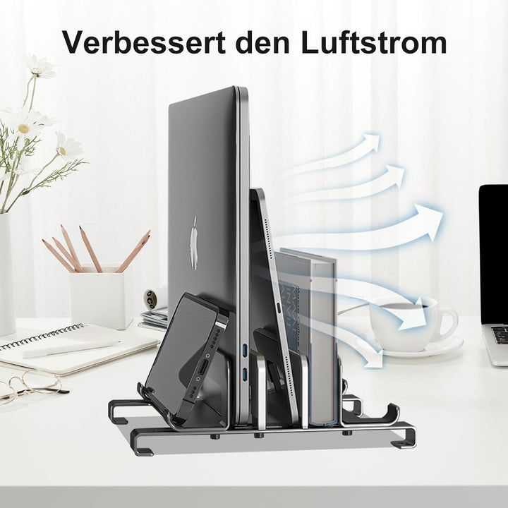Qivine Aluminium Vertikaler Laptop Ständer, Platzsparend Laptopständer Verstellbare, 3 in 1 Laptop H