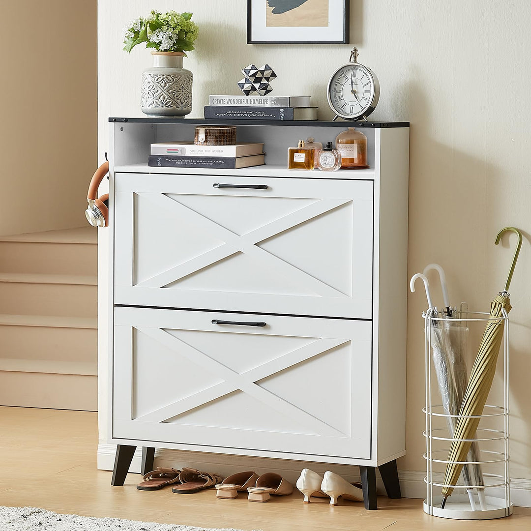 LELELINKY Schuhschrank mit 2 Klapp-Schubladen – Landhaus weiss Schuhorganizer für Flur – Schmaler Sc