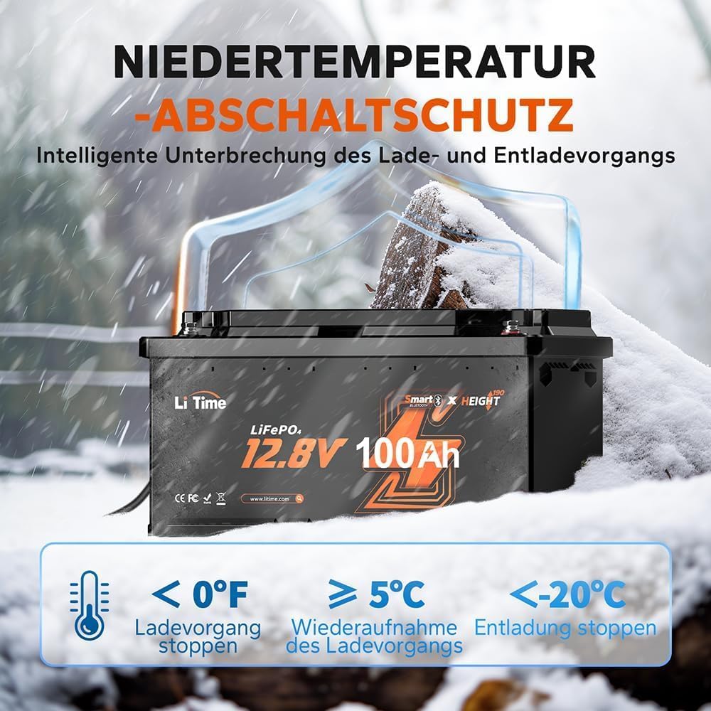 Litime LiFePO4 12V 100Ah H190 Bluetooth Lithium Batterie für Wohnmobil | DIN H8 L5 Grösse, 1792Wh En