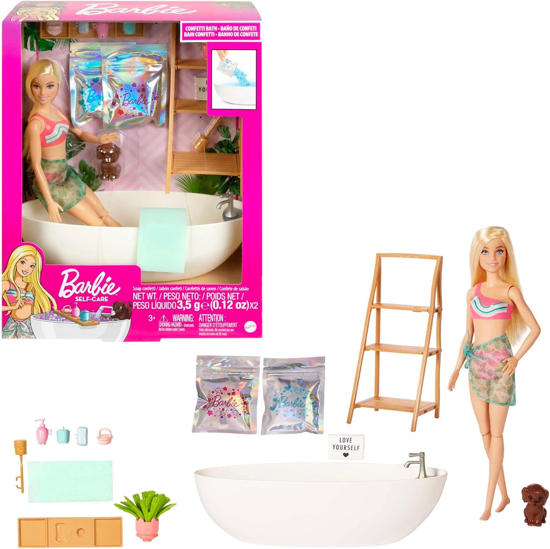 Barbie Self-Care Serie, Konfetti-Bad, Barbie-Puppe mit blonden Haaren, Badeanzug, Welpe,2 Konfetti-S