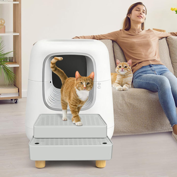 Verstellbare 2-stufige Katzentoilettenrampe, Katzen Treppen & Stufen mit Holzfüsse Filterfunktion, l