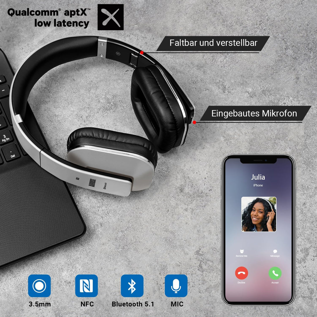 August EP650 - Bluetooth Kopfhörer v4.2 NFC mit aptX Low Latency - Stereo Over Ear Headphones mit Au