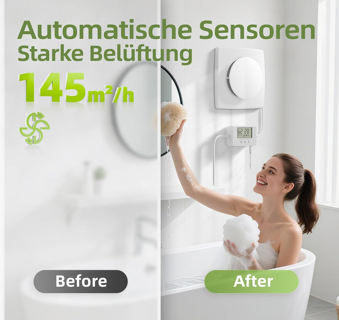 Badlüfter mit Feuchtigkeitssensor Temperatursensor Timer - 3 Stufen Bad Lüfter 100mm mit Fernbedienu