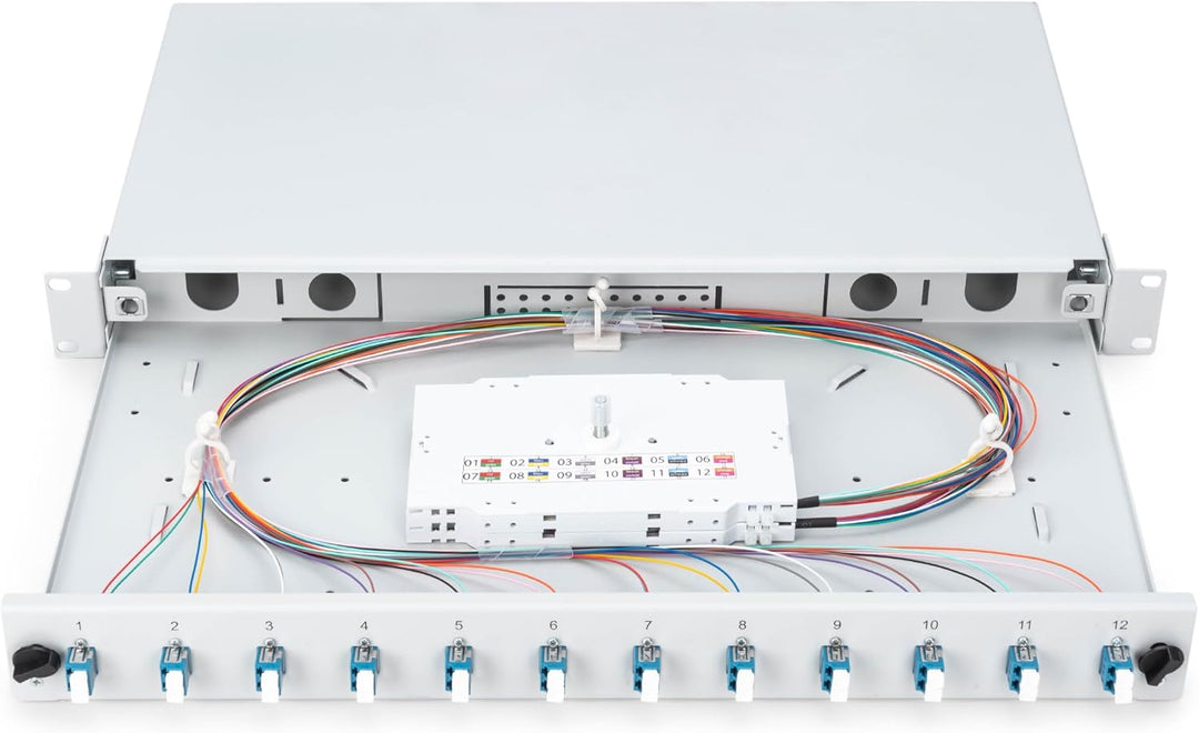 DIGITUS LWL Spleissbox 12 Kupplungen - LC - OS2-1HE 19-Zoll - Single-Mode Duplex - Mit Spleiss-Kasse