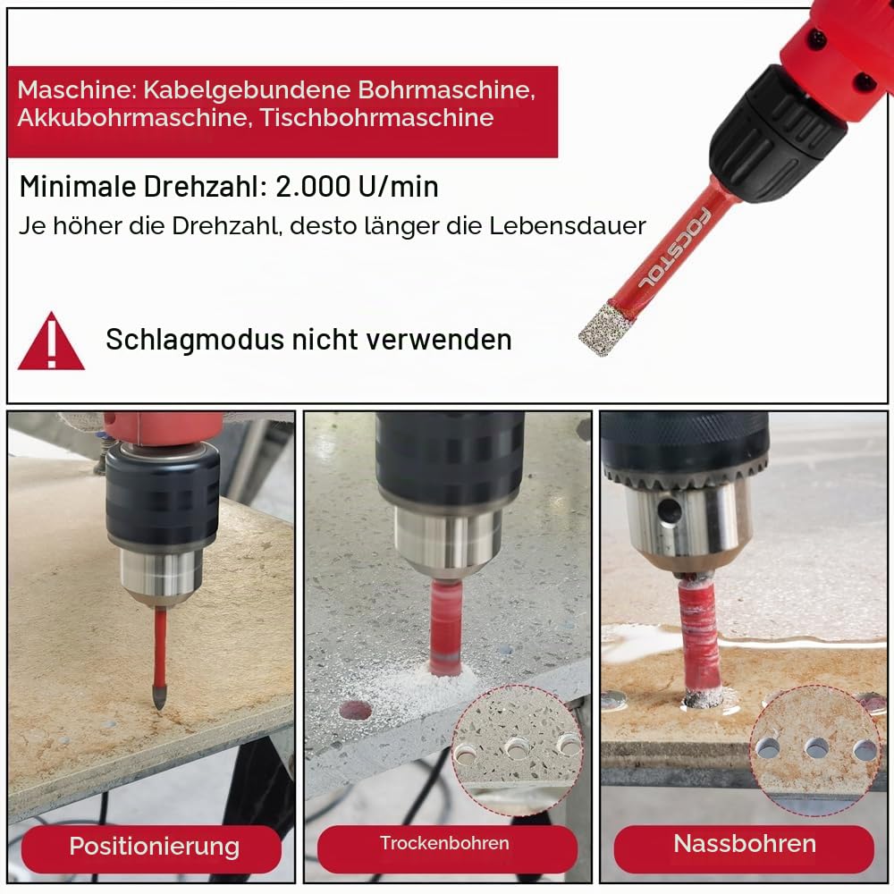 FOCSTOL Diamant Fliesenbohrer 6/8/10/12mm mit Schnellwechsel-Sechskantschaft und 6mm Hartmetallbohre