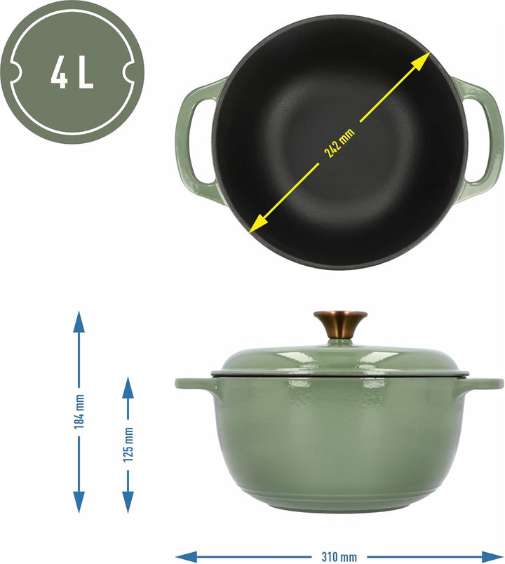 BROWIN® Gusseiserner Emaille-Kochtopf 330544 | 31 x 24 x 12 cm | Grün. 4 L | Emaille Bräter mit Deck