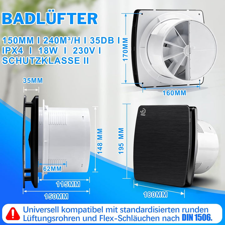 Ø150mm Badlüfter mit Nachlauf [18W - IPX4 - 35db - 240m³/h] Leiser Abluftventilator mit Rücklaufklap