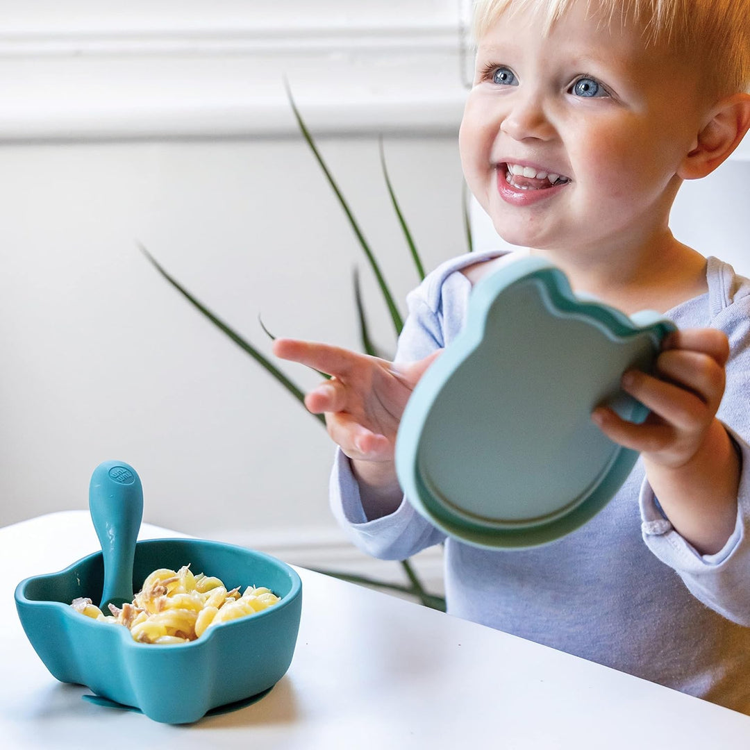TUM TUM Baby Geschirrset - Babyteller mit Saugnapf, Breischale und Esslernbesteck, 6m+ Boris Bär, Bl