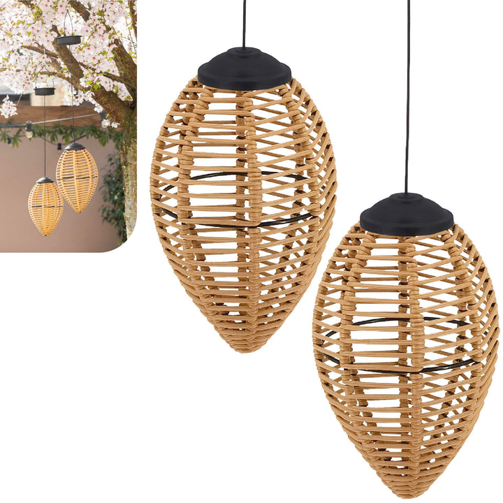 Gadgy Rattan Solarleuchten für Aussen – 2er Set LED Hängelaternen aus Rattan – Dekorative Gartenbele