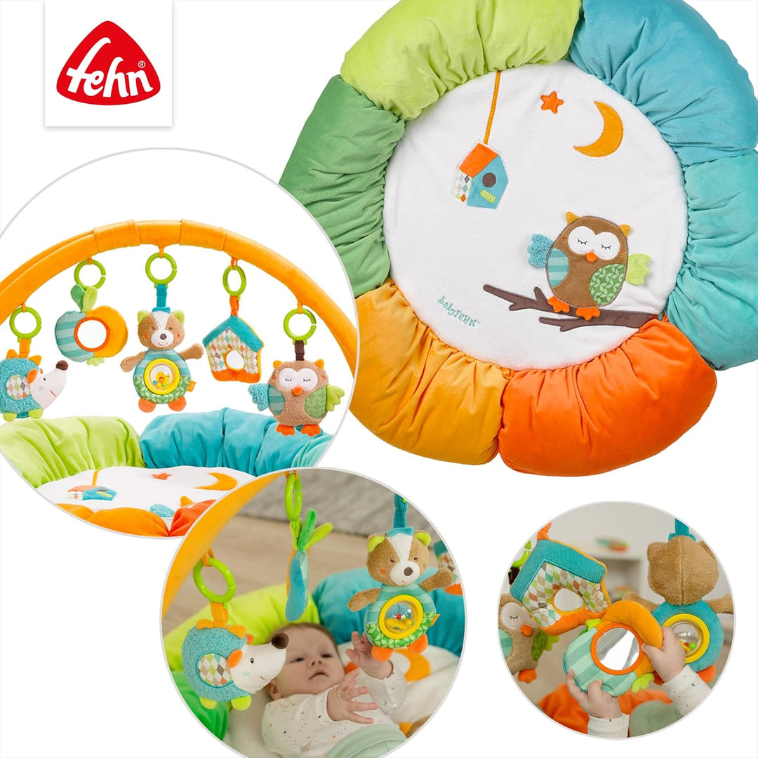 Fehn 071184 3-D-Activity-Nest Eule / Besonders weicher Spielbogen mit 5 abnehmbaren Spielzeugen für