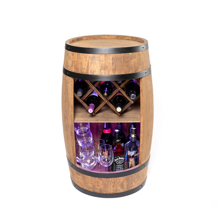 CREATIVE COOPER Fass bar mit Weinhalter - Weinregal LED RGB - Holzfass Hausbar 80x50cm - Rustikaler