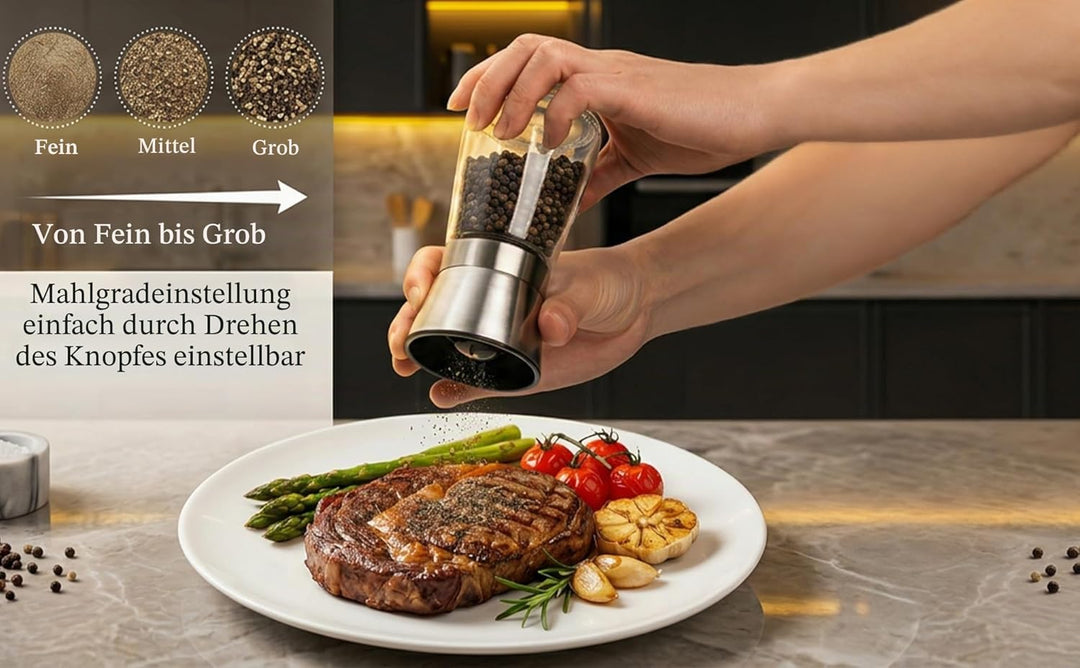 Lawei 4er-set Edelstahl Gewürzmühle Set 160ml Salz und Pfeffermühle mit Einstellbar Mahlwerk Chilimü