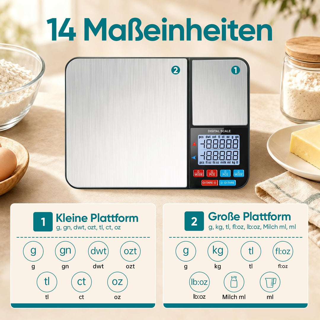 Wigearss Küchenwaage Digital mit Dual Plattform 10kg/1g und 500g/0.01g, Doppelfunktion Küchen Feinwa