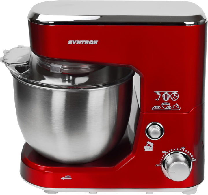 Syntrox Germany KM-1000W Küchenmaschine Knetmaschine Mixer, Edelstahl-Behälter, 5 Liter, rot