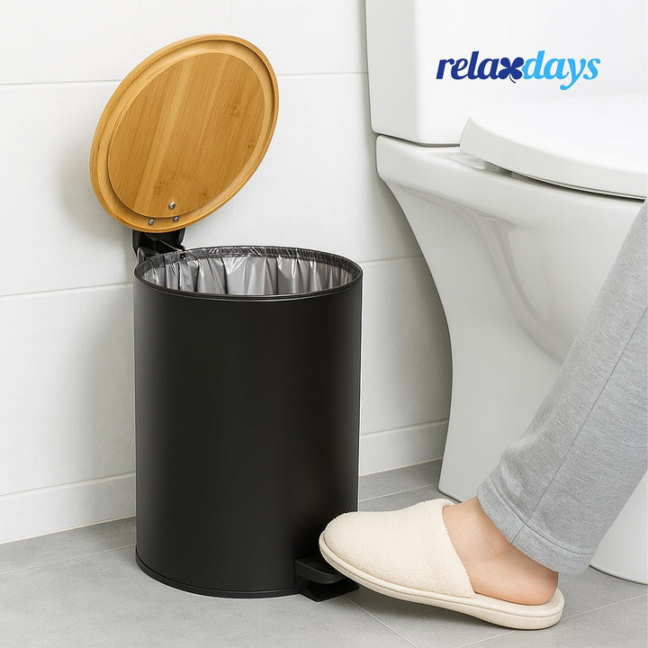 Relaxdays Kosmetikeimer 5 L, Absenkautomatik, Inneneimer entnehmbar, Badmülleimer, Metall, Bambus, M