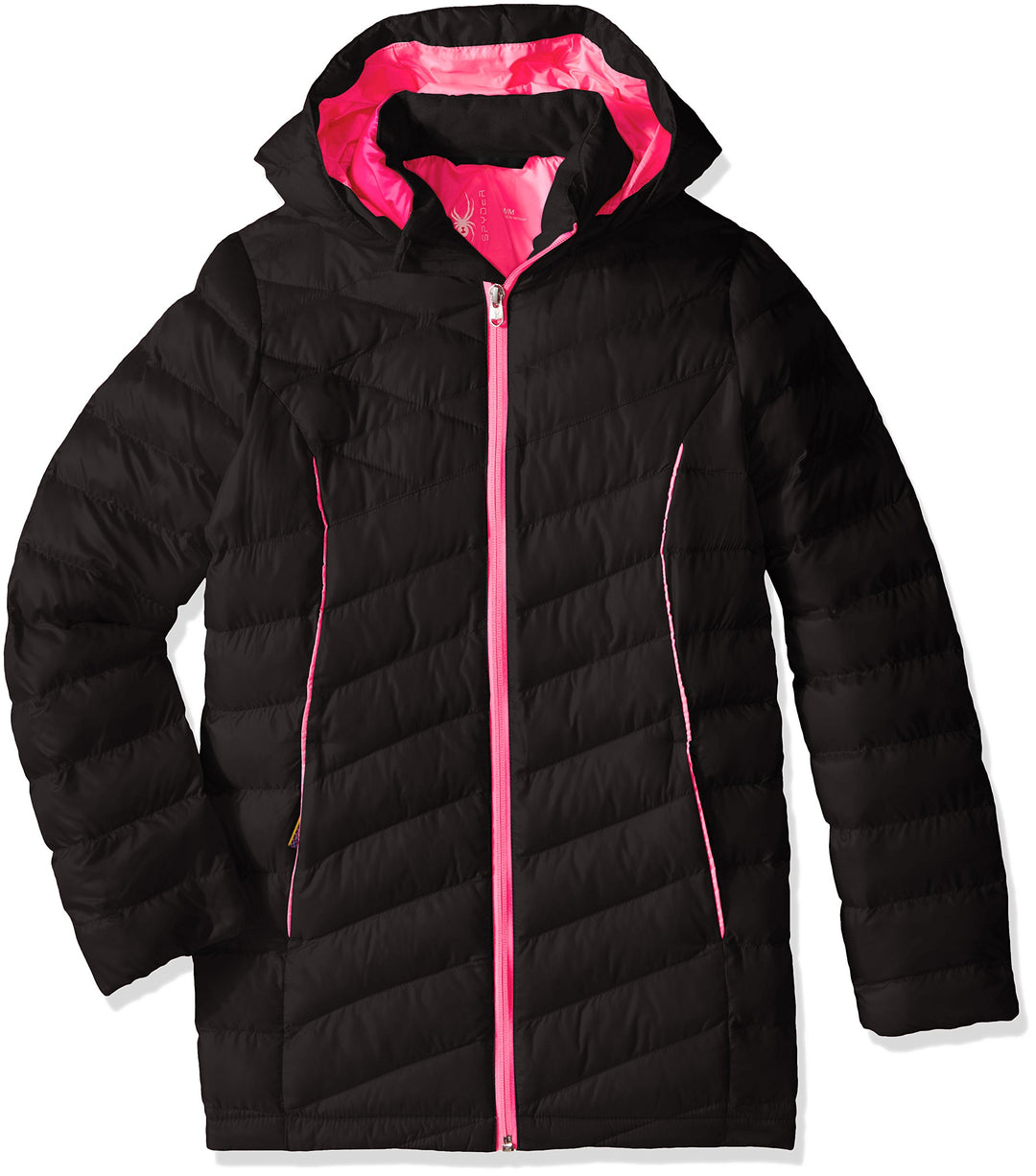 Spyder Zeitlose Lange synthetische Daunenjacke für Mädchen. M Black/Bryte Bubblegum, M Black/Bryte B