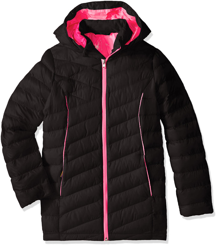 Spyder Zeitlose Lange synthetische Daunenjacke für Mädchen. M Black/Bryte Bubblegum, M Black/Bryte B