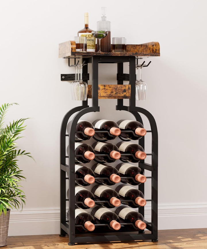 Yorbay Weinregal freistehend 15 Flaschen, Flaschenregal mit Glashaltern, Dekorativer Flaschenhalter-