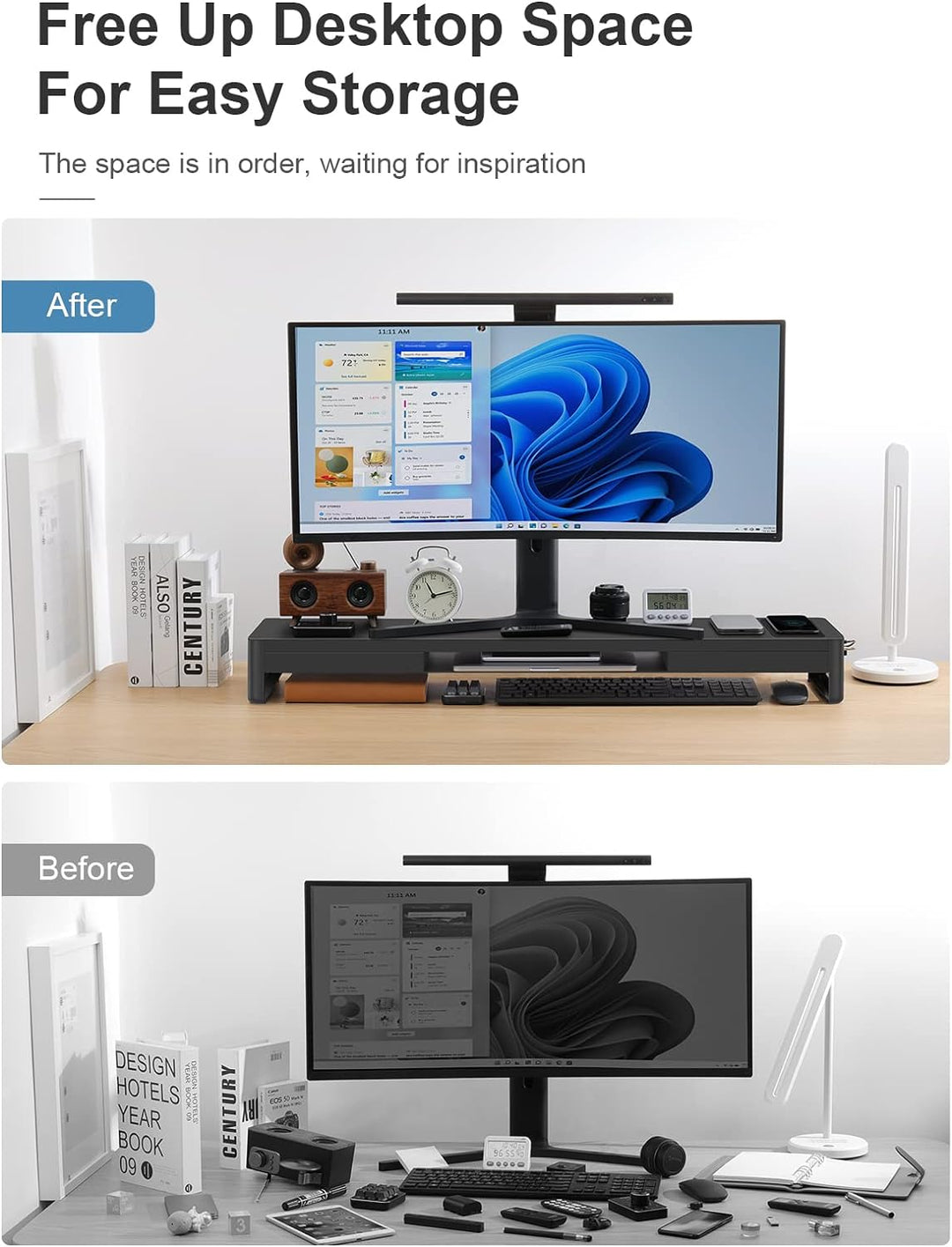 Meatanty 3 in 1 Dual Monitorständer mit 2 Schubladen, 1 kabelloses Lademodul und 4 USB Anschlüssen,