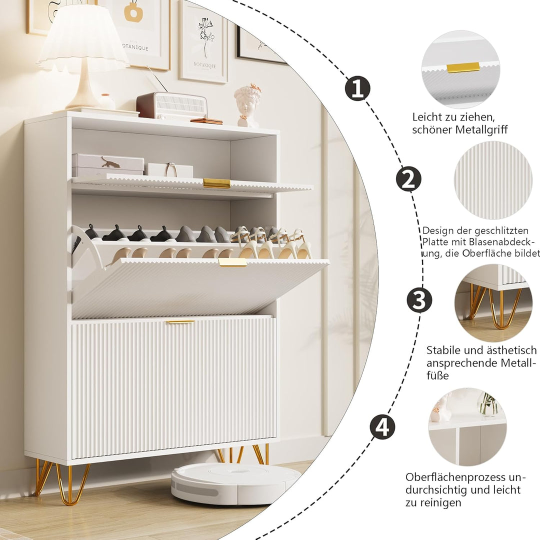 Schuhschrank mit 3 Klappen, Schuhregal, Shoe Cabinet weiss, schuhkipper schmal mit 6 Fächern, schuhs