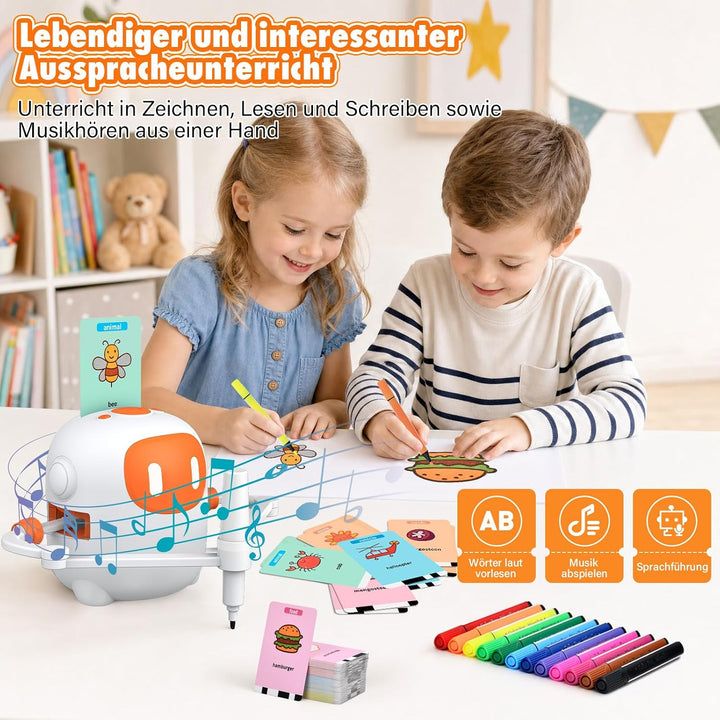 Zeichenroboter für Kinder mit 100 Karten und 12 Stiften, Sprechender Malroboter mit Sprachsteuerung,