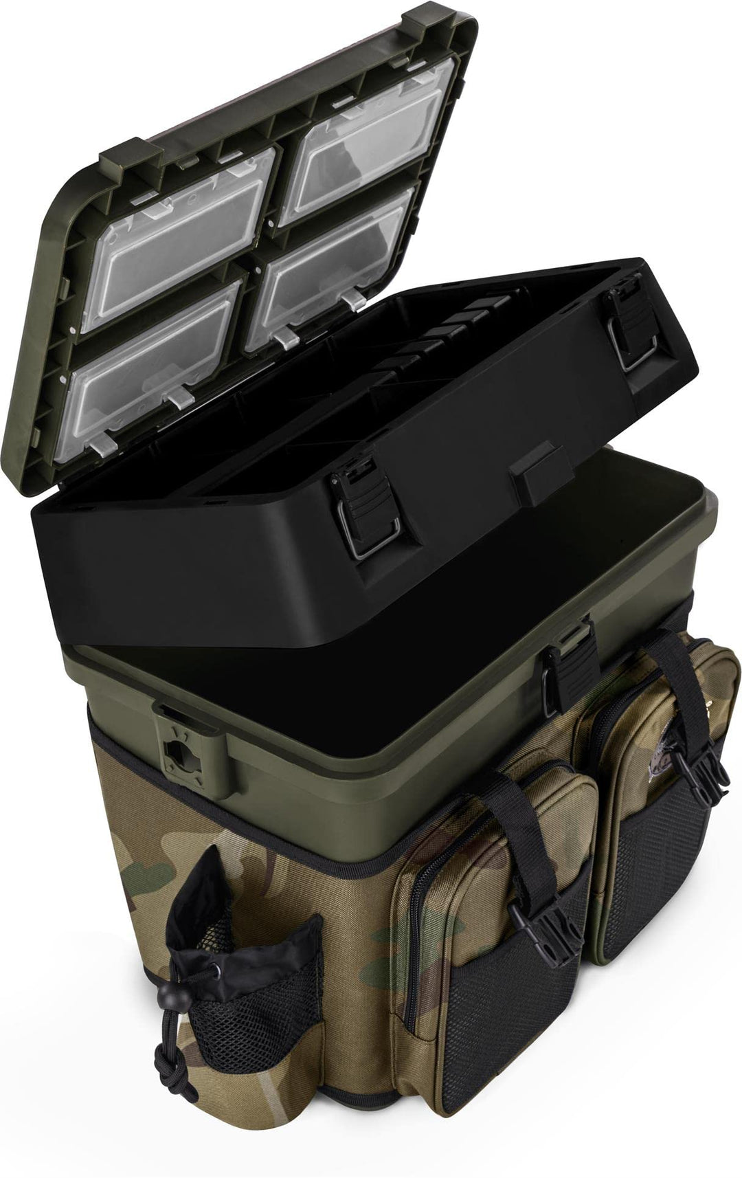 Sitzkiepe Angelbox Angel-Sitzbox Angelrucksack Angeltasche Angelkoffer Angler-Gerätekasten mit 4 Tac