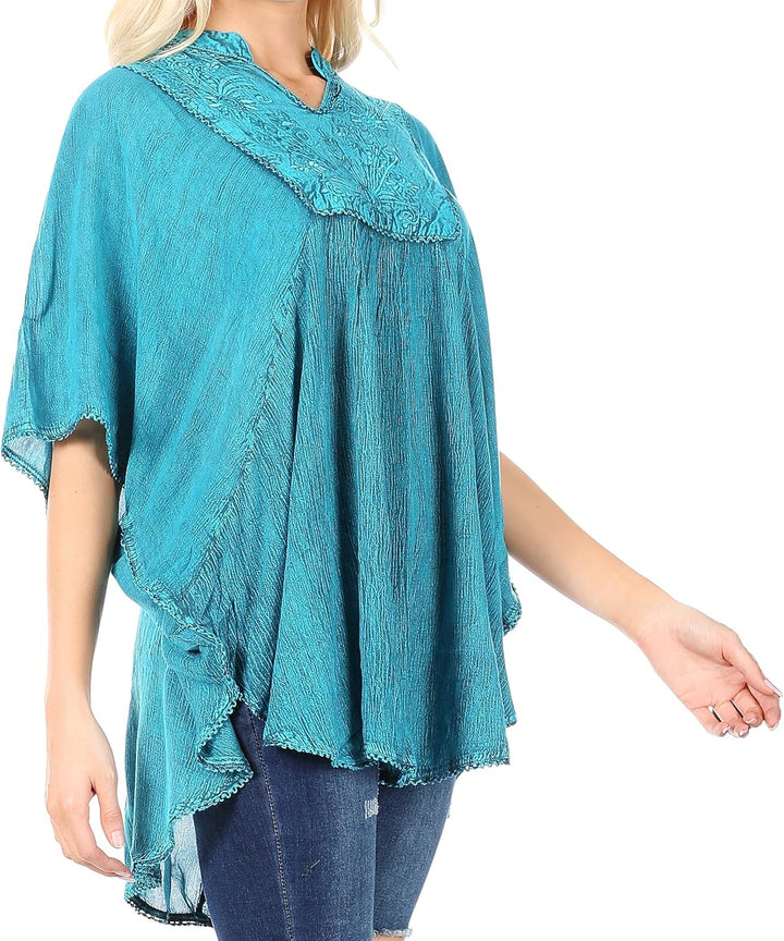 Sakkas Amori V-Ausschnitt Stickerei Poncho Top/vertuschen, Einheitsgrösse A-türkis