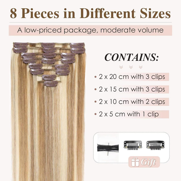 TESS Clip in Extensions Echthaar, 8pcs Clip in Haarverlängerung Remy Echt Haare Natürliche 18 Clips
