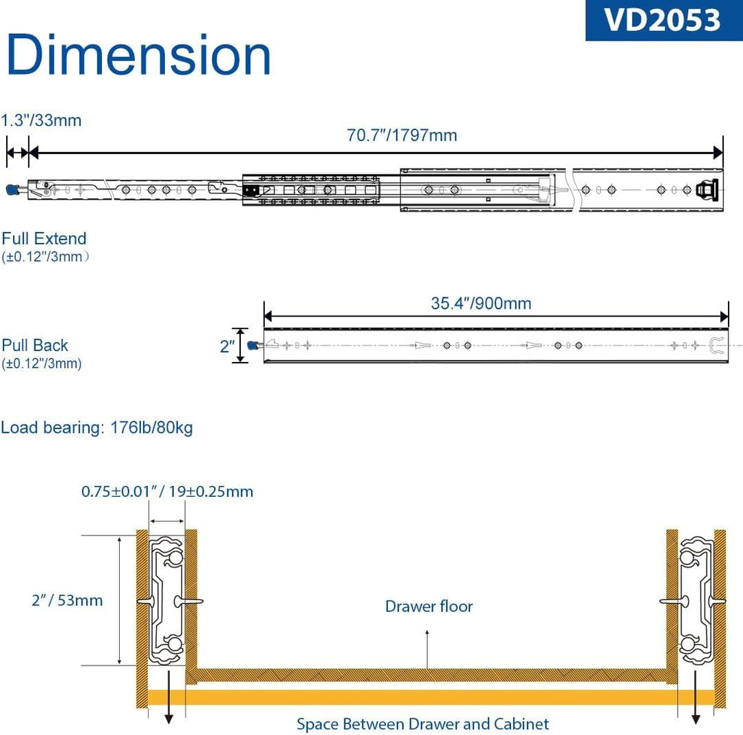 VADANIA VA2053 Schubladenauszüge Schwerlast 900mm, Heavy Duty, Vollauszug-Kugellager, 1 Paar 900mm