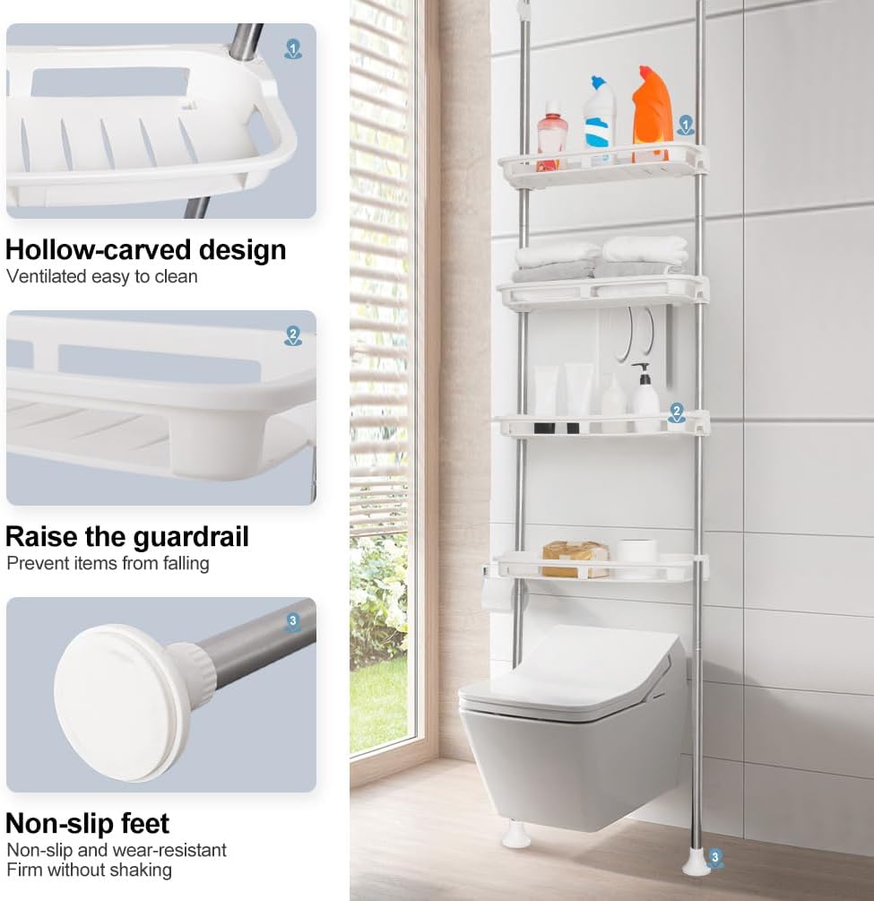 BAOYOUNI Teleskop Badregal mit 4 Offene Ablagekörbe, Regal über Toilette aus Metall und Kunststoff,