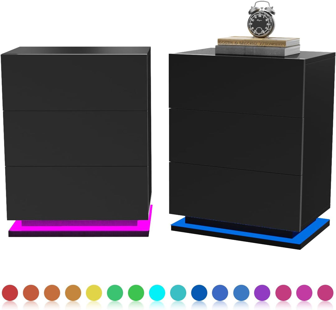 Lvhecforhm 2er Set Nachttisch Schwarz, Nachttische Hochglanz Front, Nachttisch Schwarz mit 3 Schubla