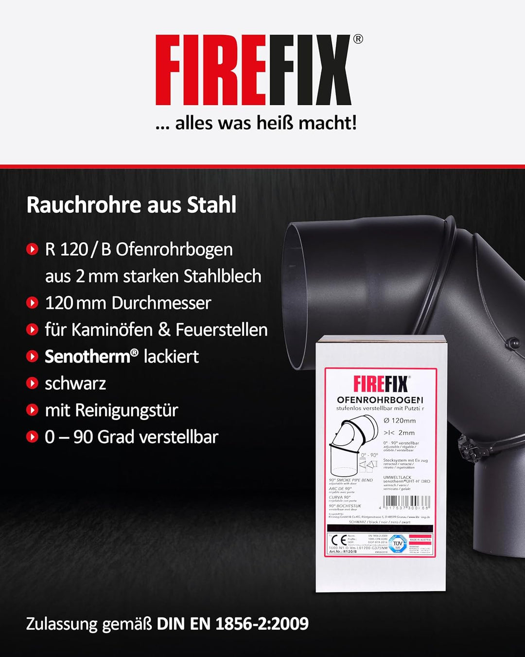 FIREFIX R120/B Ofenrohrbogen I Ofenrohr 120mm Durchmesser aus Stahlblech für Kaminofen I Beschichtet